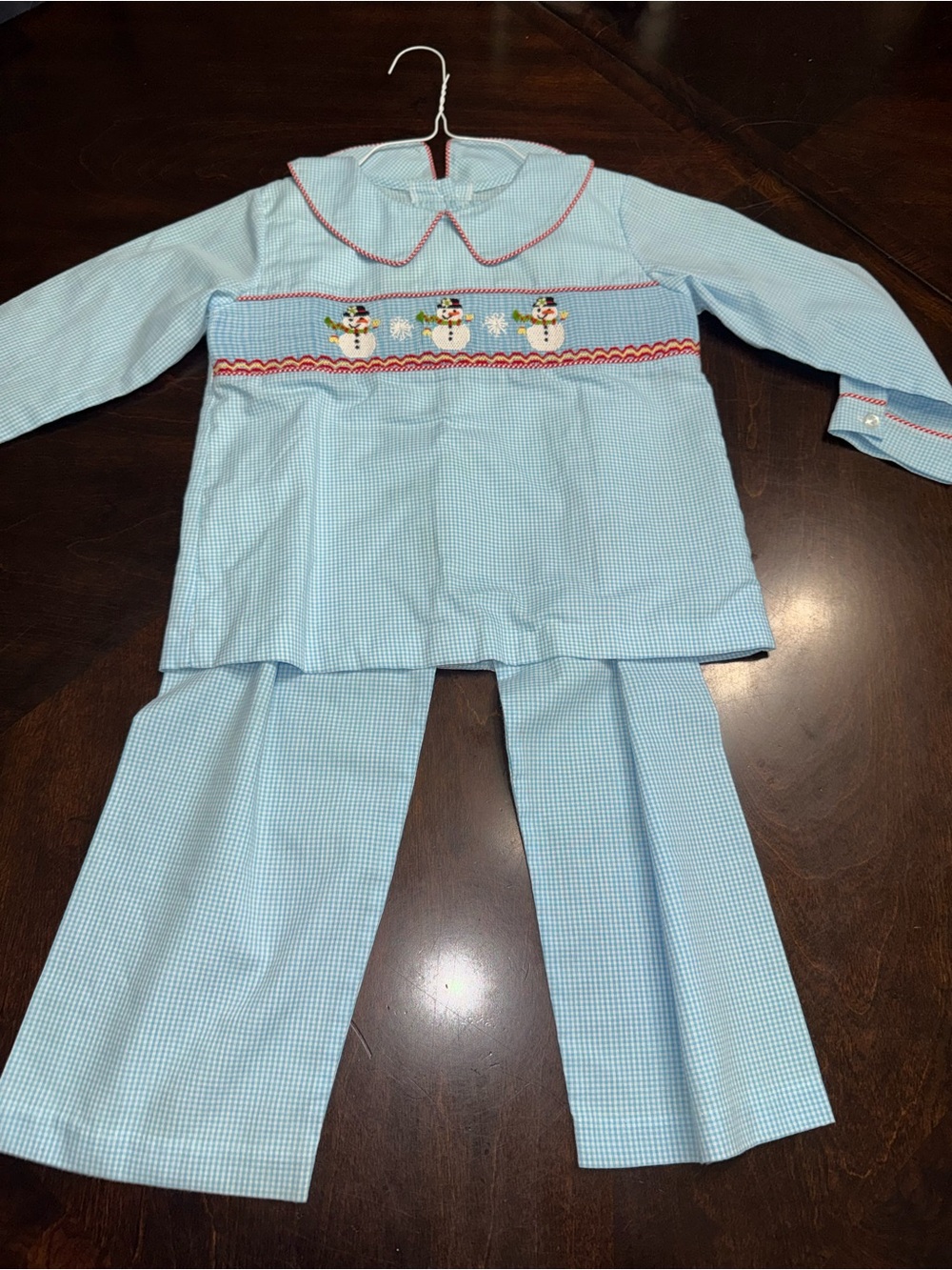 Light Blue Smocked Snowman Kids Pajama Set with Red Trim